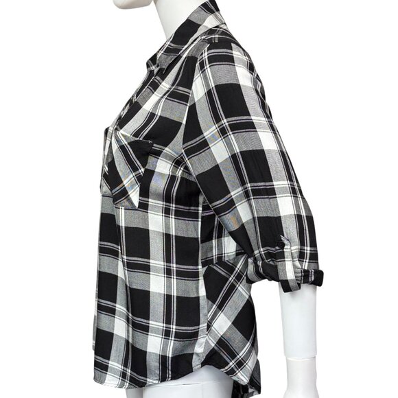 BCX Black & White Plaid Button-Up Shirt Roll-Tab Sleeves & Split Back Hem Sz XL - Picture 3 of 7